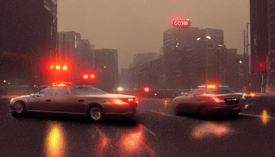 Prompt: cop car crossing washington dc streets during thunderstorm, sirens, hyperdetailed, artstation, cgsociety, 8 k