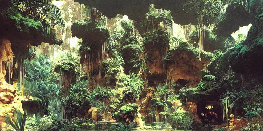 Image similar to a tropical cave that renovate as a luxury interior by syd mead, frank frazetta, ken kelly, simon bisley, richard corben, william - adolphe bouguereau