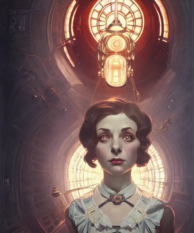 Prompt: bioshock big sister portrait, intricate, elegant, highly detailed, digital painting, artstation, concept art, smooth, sharp focus, illustration, art by artgerm and greg rutkowski and alphonse mucha