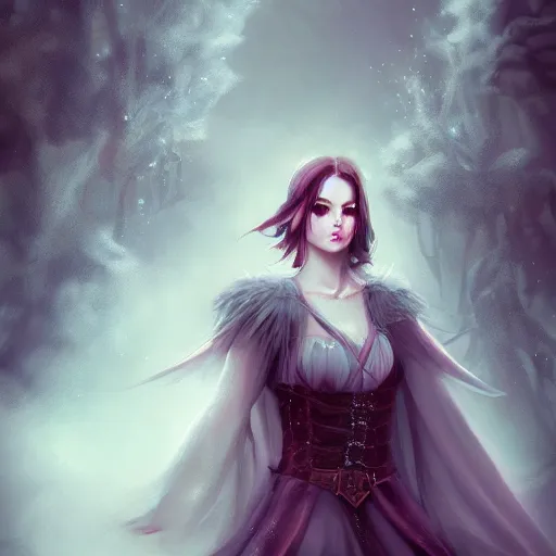 Prompt: whimsical grumpy girl, portrait, ice magic, dark hair, waist high, fantasy clothing, cgsociety, trending on artstation, dnd, castle background