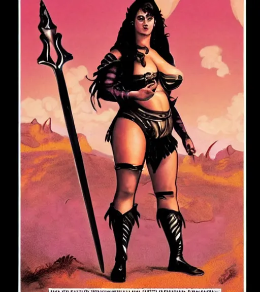Prompt: 1 9 8 0 s fantasy novel book cover, bbw plus size amazonian 1 9 - year - old winona ryder in extremely tight bikini armor wielding a cartoonishly large sword, exaggerated body features, dark and smoky background, low quality print
