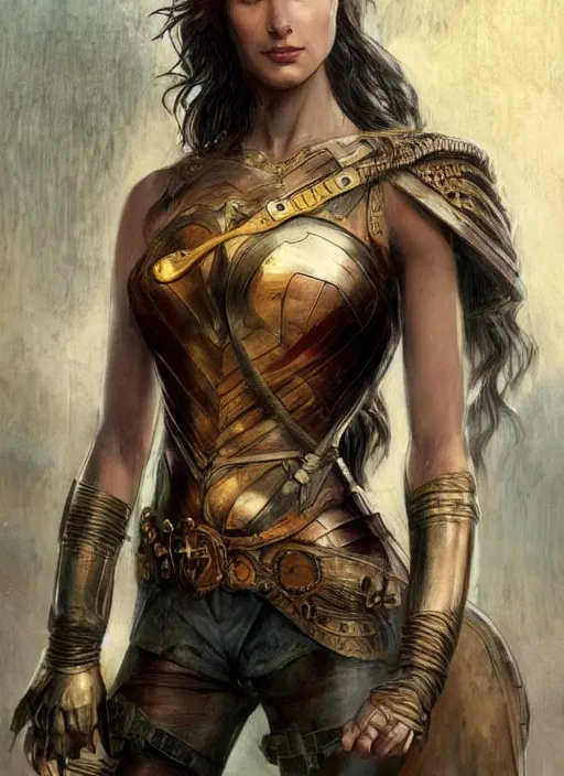 Image similar to highly detailed steampunk gal gadot with blond hair, standing, iron age : leonardo da vinci, greg rutkowski, magali villeneuve