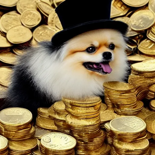 Image similar to A pomeranian wearing a top-hat, sitting on top of a large pile of gold coins