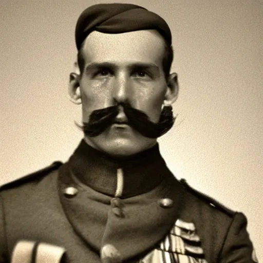 Image similar to A photograph portrait of Jerma985 with a pyramidal mustache as a soldier in the military in the mid-late 1800s, taken in the mid-late 1800s, 1860s, grainy, taken on a Field View Camera, realistic, hyperrealistic, very realistic, highly detailed, very detailed, extremely detailed, detailed, digital art, trending on artstation