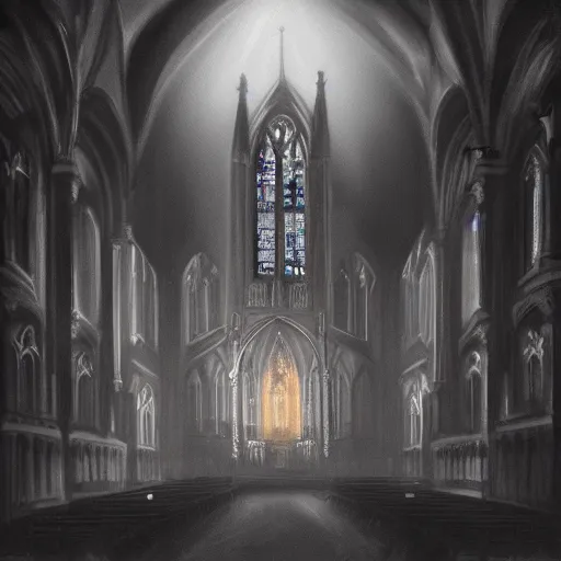 Image similar to victorian church in the middle of the city, dark, misty, at night, 8 k, detailed, concept art, trending on artstation