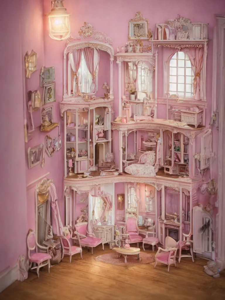 Image similar to hyperrealistic, highly detailed rendering, one source of light, interior of a victorian doll house, polly pocket, cute, strange, pastel tones, victorian furnitures, low natural light, volumetric light windows, oak wood floor, luxe, 8 k, ultra wide angle