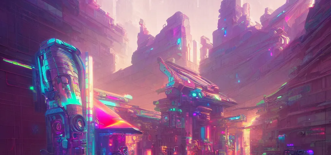 Image similar to street view of a cybernetic temple, vaporwave aesthetic, colorful, psychedelic, digital painting, artstation, concept art, smooth, sharp focus, illustration, art by artgerm and greg rutkowski and alphonse mucha