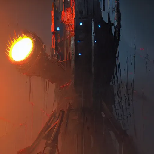 Image similar to a dark twisted metal tower with glowing eyes all staring at a small silhouetted figure in the foreground, dynamic lighting, photorealistic dark sci - fi concept art, trending on artstation, stunning visuals, creative, cinematic, ultra detailed