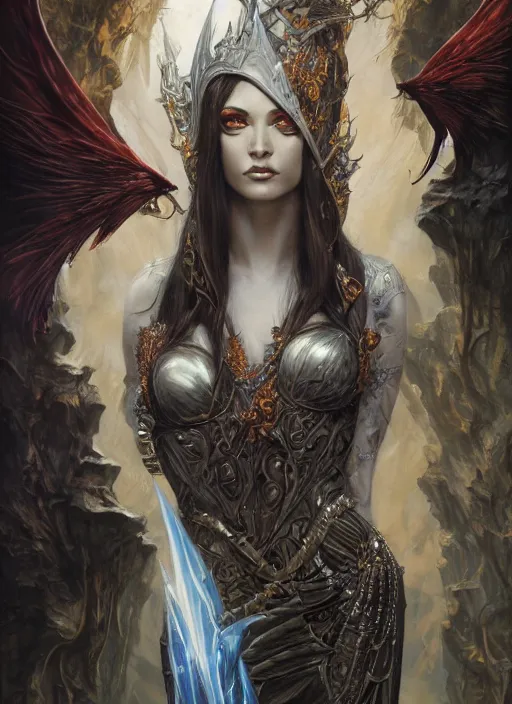 Image similar to a highly detailed airbrush painting of an evil female fantasy sorceress with piercing beautiful eyes, art by karol bak and mark brooks and donato giancola and bayard wu, 4 k, 4 0 9 6, hires, focus
