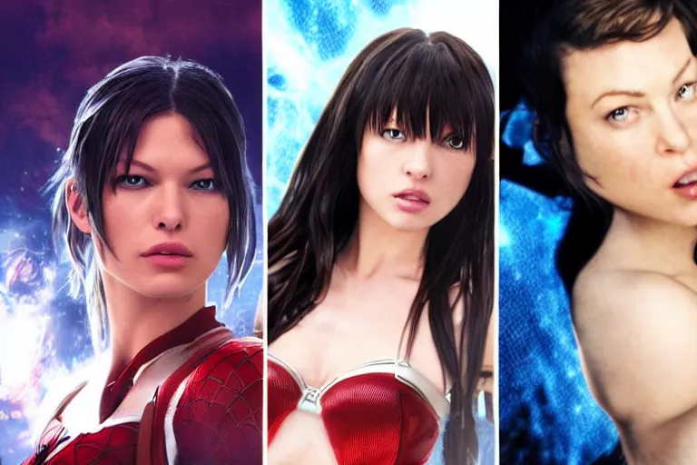 Image similar to Mila Jovovich as rinoa from final fantasy nime, kanye west as a japanese character Te Kā female lava and fire goddess character, character is in all its glory, Spiderman as electro