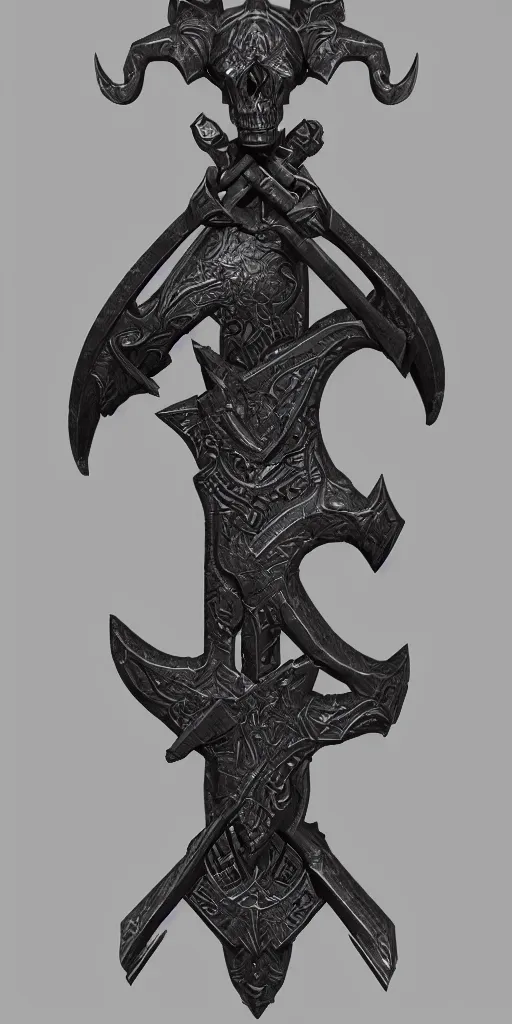 Image similar to a black and silver axe skull crest, ornament, weapon, render by dom qwe, trending on polycount, artstation, hard surface modeling, zbrush