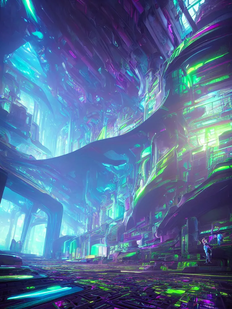 Image similar to entrance to ethereal realm, rendered in unreal engine, central composition, symmetrical composition, dreamy colourful cyberpunk colors, 6 point perspective, fantasy landscape with anthropomorphic!!! terrain!!! in the styles of igor morski, jim warren, and rob gonsalves, intricate, hyperrealistic, volumetric lighting, big sky, distinct horizon