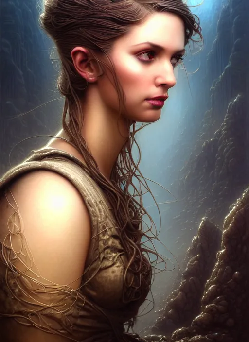 Image similar to closeup portrait shot of beautiful girl in a scenic dystopian environment, intricate, elegant, highly detailed, tubes and cables, centered, digital painting, artstation, concept art, smooth, sharp focus, illustration, artgerm, tomasz alen kopera, peter mohrbacher, donato giancola, joseph christian leyendecker, wlop, boris vallejo