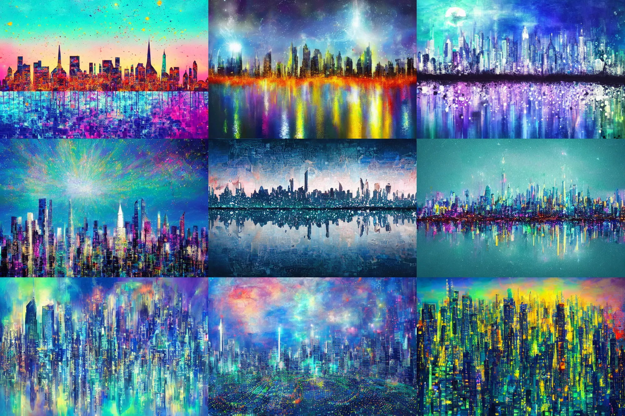 Prompt: art by ai artificial - intelligence [ limitless inspiration and awe ] + [ the transcendent experience of pure joy and happiness ] + [ city skyline ]