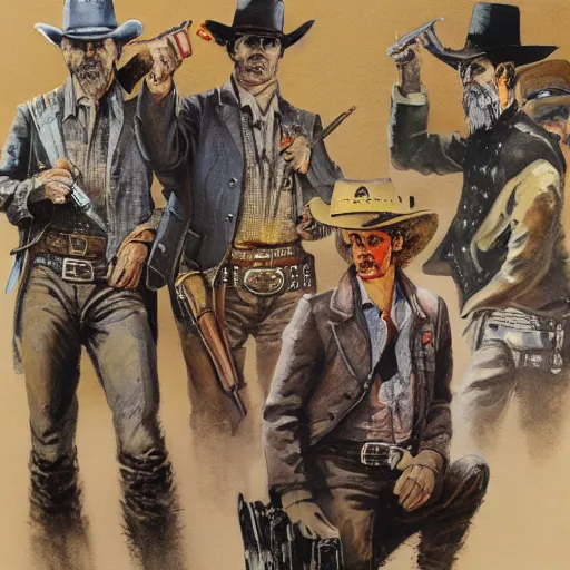 Prompt: detailed details photorealistic historical image of a wild west shootout in the town of tombstone in the style of bob peak and alex ross and moebius and jean giraud and artgerm, gouache and wash paints color and banksy, detailed details facial and body and human and environments and proportionate, detailed 5 k details.