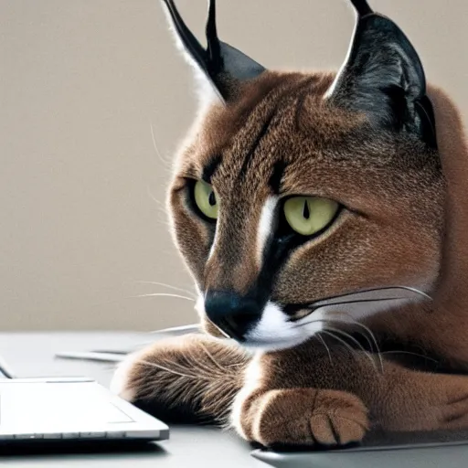 Image similar to cat caracal sitting in front of a laptop and typing something