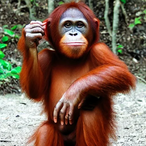 Prompt: human orangutan hybrid creature
