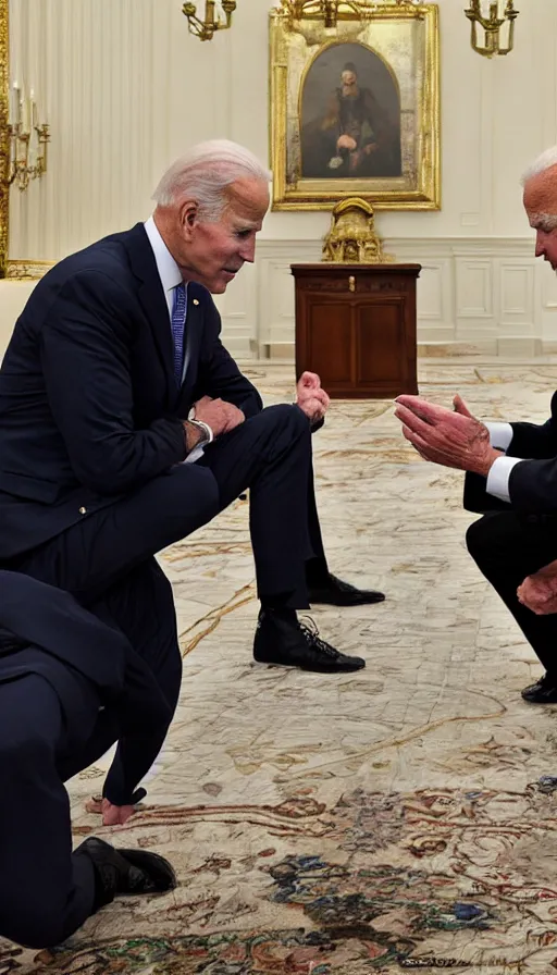 Prompt: photo biden on his knees asks for forgiveness from ivan the terrible