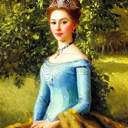 Image similar to portrait of princess elsa outside in an orchard, painted by nikolay makovsky, detailed