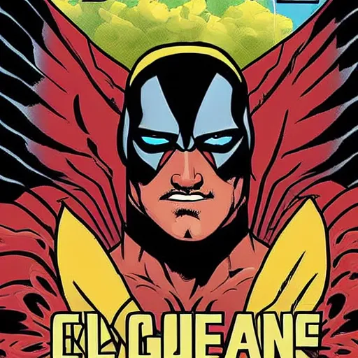 Image similar to comic book cover about superhero called eagle man, superhero with eagle mask and wings logo, issues 1, realistic
