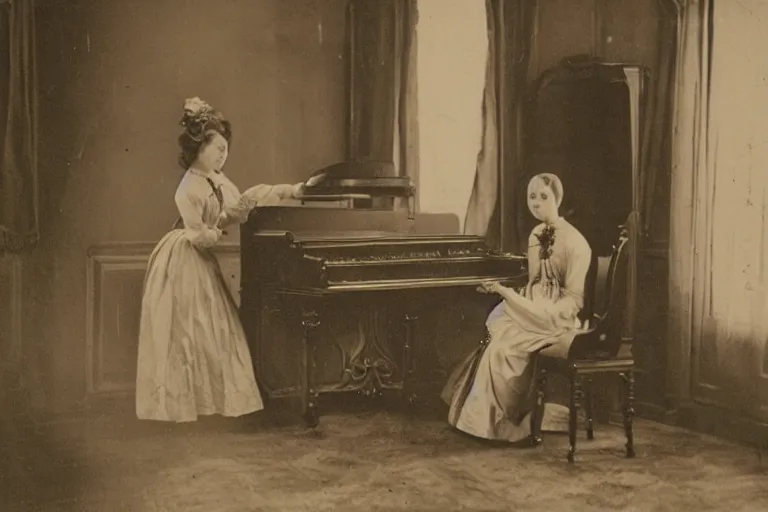 Image similar to detailed well - preserved photo of female android in beautiful victorian dress standing in decaying guest room with piano and chair