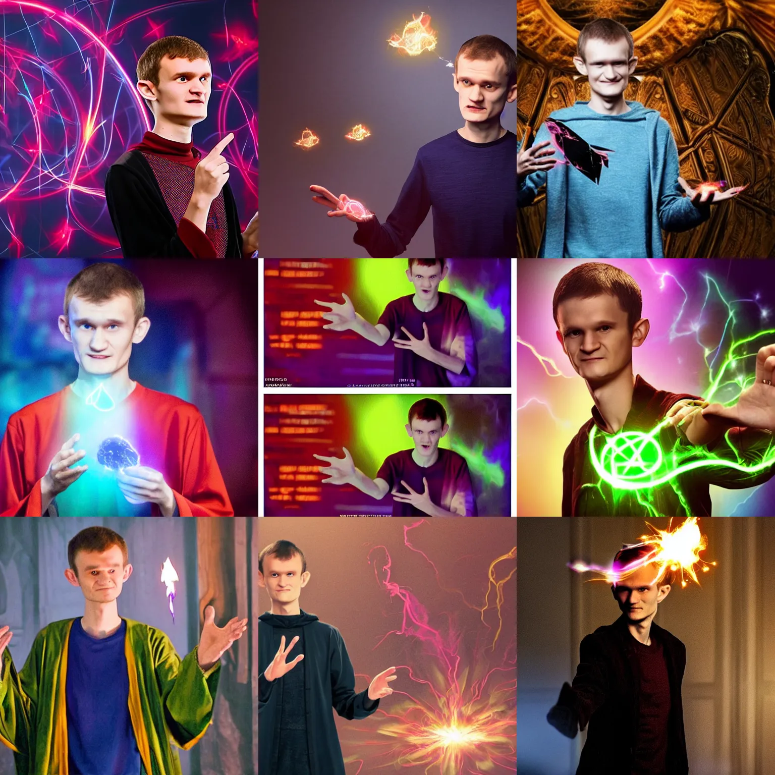 Prompt: < movie - still colorful magic > vitalik buterin as an arcane wizard casting a spell < / movie - still >