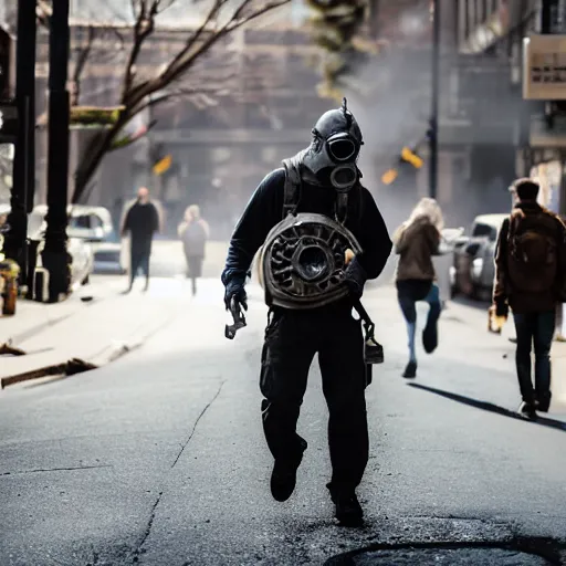 Prompt: man in a gasmask screaming walking down the streets of seattle, sunlight, sunny day, smoke, full shot