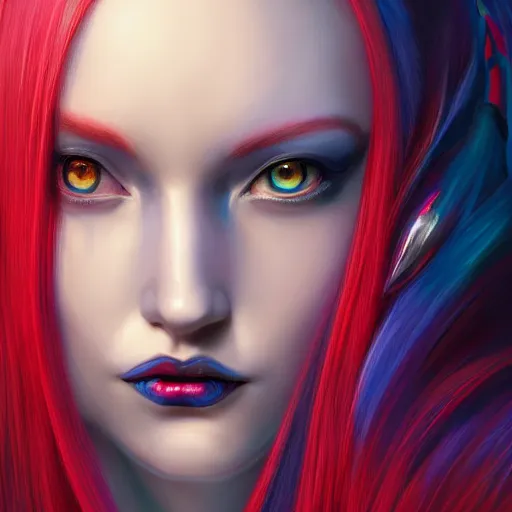 Image similar to perfectly - centered close - up face - portrait of a goddess with glowing red eyes and long blue hair and horns on her head, the perfect human female specimen, intricate, elegant, super highly detailed, professional digital painting, artstation, concept art, smooth, sharp focus, no blur, no dof, extreme illustration, unreal engine 5, 8 k, by anne stokes