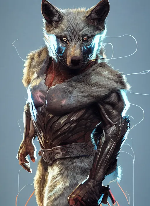 Image similar to wolf - headed superhero, hyper detailed, digital art, trending in artstation, cinematic lighting, studio quality, smooth render, unreal engine 5 rendered, octane rendered, art style by klimt and nixeu and ian sprigger and wlop and krenz cushart.