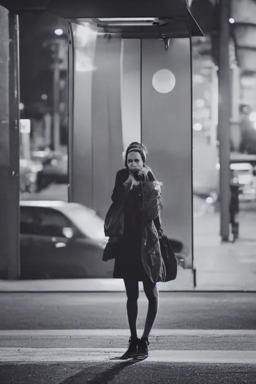 Image similar to beautiful woman, beautiful face of a woman, standing at a bus stop in the early morning, calling on the phone, around the city, the road, 3 5 mm photography, highly detailed, cinematic lighting, 4 k