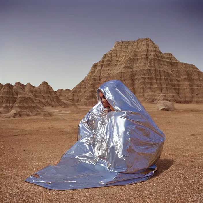 Image similar to a color photograph, closeup portrait of a woman wrapped in mylar foil blanket, sitting on a throne in badlands national park in south dakota, color photograph, by vincent desiderio, canon eos c 3 0 0, ƒ 1. 8, 3 5 mm, 8 k, medium - format print