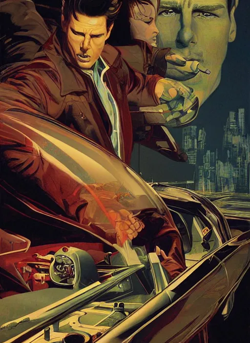 Image similar to poster artwork by Michael Whelan and Tomer Hanuka, Karol Bak of Tom Cruise taking control of the town, from scene from Twin Peaks, clean