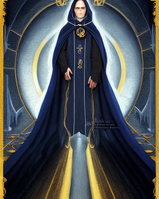 Prompt: tiny male mage at the end of time, long black hair blue eyes wearing cloth mantle gothic navy cloak with gold details, wizard town, fantasy character portrait, ultra realistic, intricate, elegant, cinematic lighting, highly detailed, digital painting, artstation, smooth, sharp, focus, illustration, art by artgerm and greg rutkowski and alphonse mucha