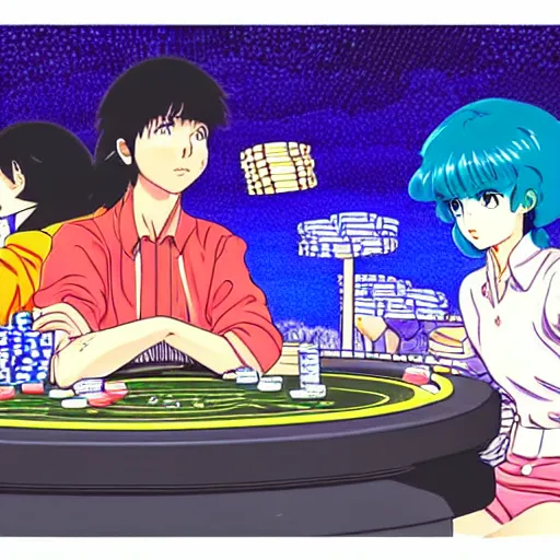 Image similar to man losing all his money at the poker table, sprite, vaporwave nostalgia, directed by beat takeshi, visual novel cg, 8 0 s anime vibe, kimagure orange road, maison ikkoku, sketch by osamu tezuka, directed by makoto shinkai and beat takeshi