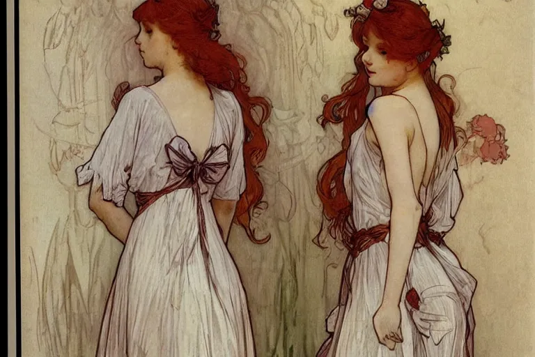 Prompt: beautiful ample redhead in a nightgown with a bow around her waist, mucha