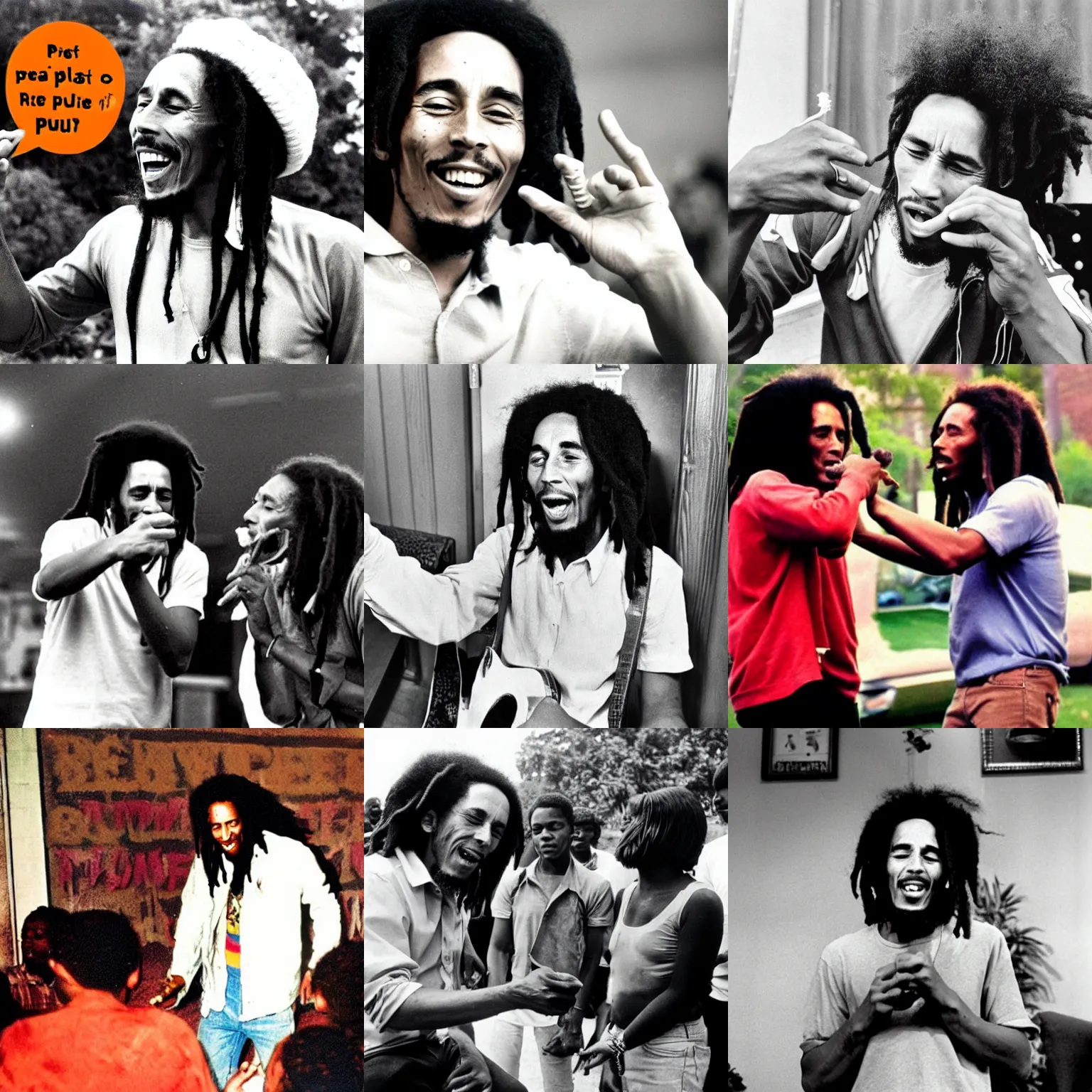 Prompt: bob marley teaching people the importance of the rule'puff puff pass'