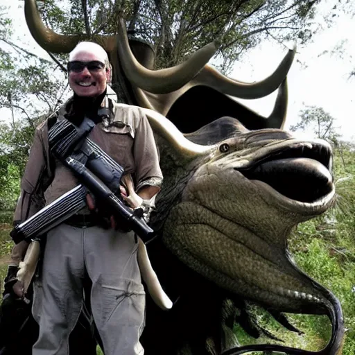 Image similar to futuristic big game hunter sitting for a photo next to his large alien creature, proud, feat, wild world, large futuristic rifle, colonial helmet, style of moebius