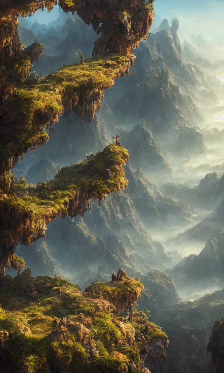 Prompt: an oil art view from a cliff looking out to a fantasy mountain landscape, 4 k, ultra detail, volumetric lighting, unreal engine, octane render, tom bagshaw, andreas rocha