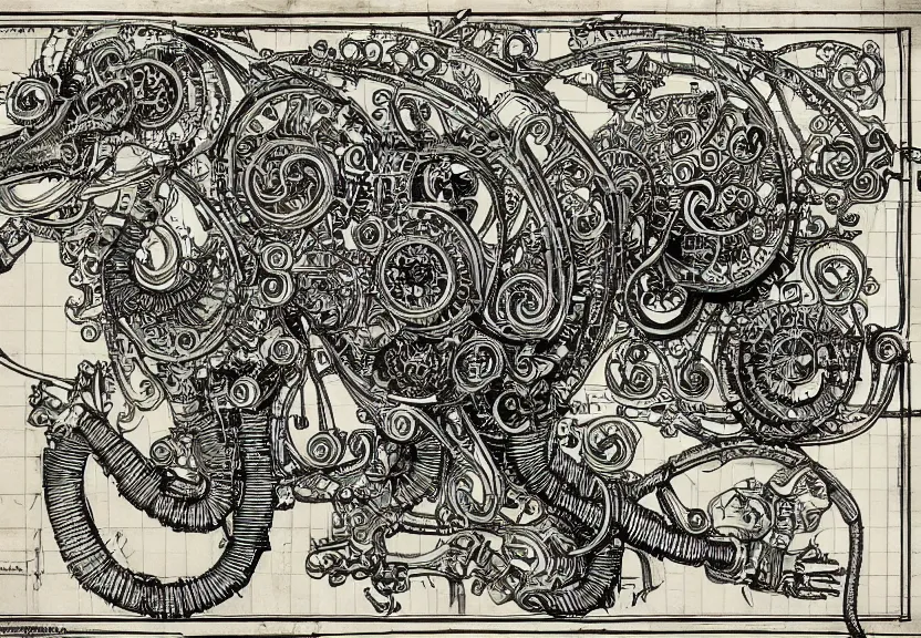 Image similar to schematic blueprint of highly detailed ornate filigreed convoluted ornamented elaborate cybernetic rat, art by da vinci