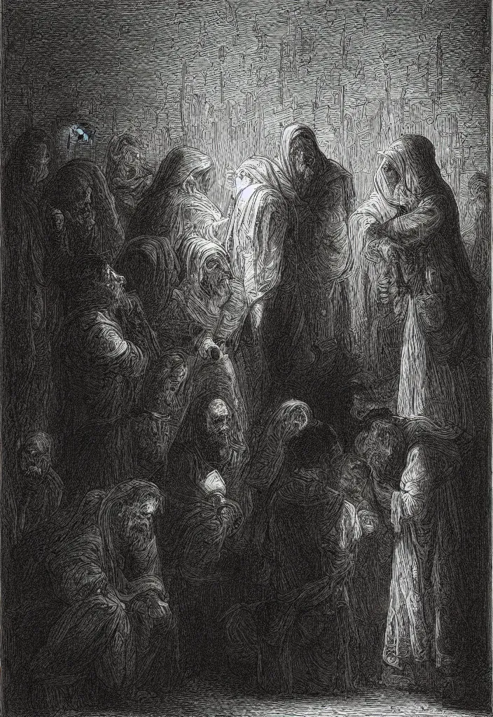 Image similar to drunken priests, creepy atmosphere, dark, portrait, very realistic, illustration by gustave dore