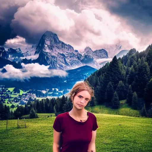 Image similar to a beautiful photograph of a girl with switzerland landscape in the background with trees, hdr, 8 k, high quality, sharp focus, artstation, highly detailed, award - winning, dramatic lighting, beautiful clouds, and nature