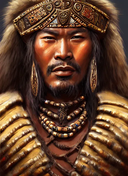 Prompt: tai warlord, closeup portrait, historical, ethnic group, traditional costume, fantasy, intricate, with dong son bronze artifacts, beads cross onbare chest, elegant, loin cloth, highly detailed, oill painting, artstation, concept art, matte, sharp focus, illustration, hearthstone, art by earl norem