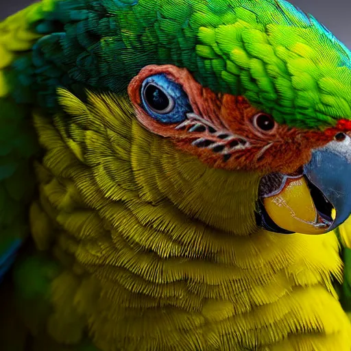 Image similar to closeup wet plate photograph of a double yellow - headed amazon parrot, daguerreotype, collodion photography, studio lights, eye catching, exaggerated texture, colorized