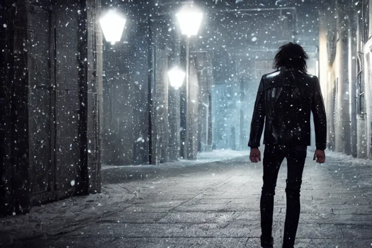 Image similar to blurred movie shot of young man from back pacing lowering head dressed in short leather bomber jacket to empty narrow alley with street lamps in park with pines to the horizon, with hands in pockets, snowfall at night, mullet long haircut, black hairs, cinematic, dramatic, detailed, realistic, movie shot, low greenish lighting