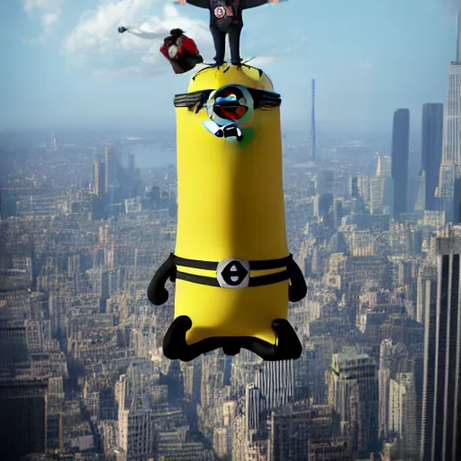 Prompt: A giant minion minion climbing the empire state building holding a Large paper airplane, by james gurney, disney and Dan hillier, 8k, artstation