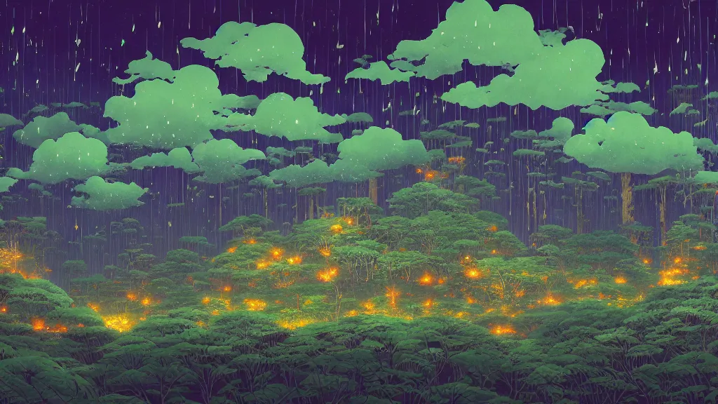 Prompt: illustration of a rainy giant forest with luminescent flowers at night with cummulonimbus clouds by makoto shinkai, by moebius!!, by oliver vernon, by joseph moncada, by damon soule, by manabu ikeda, by kyle hotz, by dan mumford, by kilian eng, by nico delort