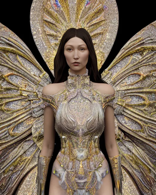 Image similar to a highly detailed metahuman 4 k close up render of a seraphim bella hadid monument renaissance in iris van herpen dress schiaparelli in diamonds crystals swarovski and jewelry iridescent in style of alphonse mucha gustav klimt trending on artstation made in unreal engine 4