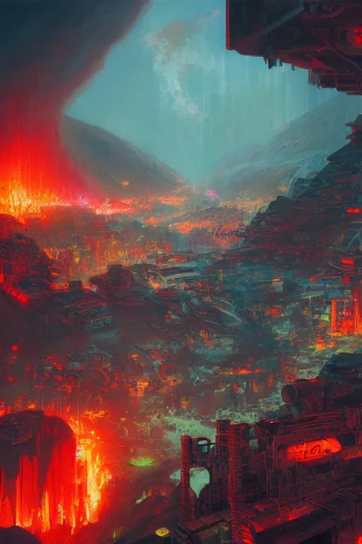 Image similar to a cyberpunk city in the crater of a volcano, lava flowing, smoke, fire, neon, industrial, by paul lehr, jesper ejsing