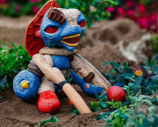 Image similar to 8 5 mm food photography of a kratos toy near a garden with sand with dof and bokeh and flowers o