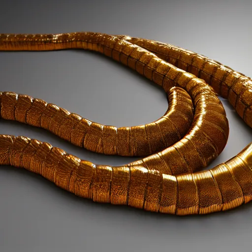 Image similar to a giant centipede poses for a fashion magazine in a professional photo studio, dressed in ancient gold jewelry, octane render, 8 k,